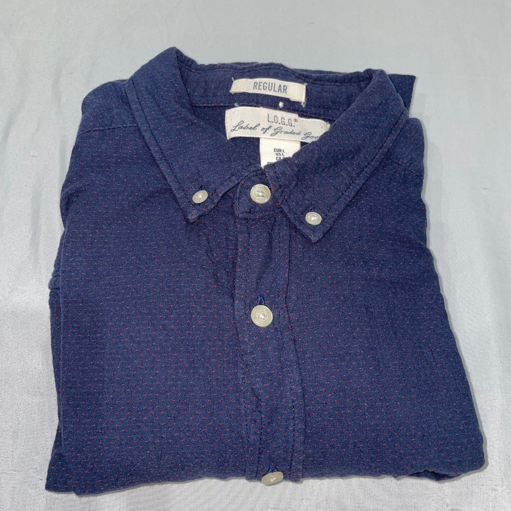 H&M LOGG Mens Large Navy Blue Red Micro Dot Cotton Button Down Shirt Regular Fit